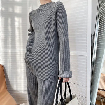 Getadme-Chic Thicken Wool 2 Piece Sets Women Winter Gray Elegant O-neck Sweater + Wide Leg Pants Ladies Korean Streetwear Pant Sets